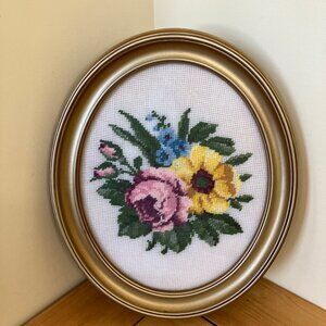 Floral Bouquet Needlepoint Oval Frame Completed Vintage Framed Embroidery